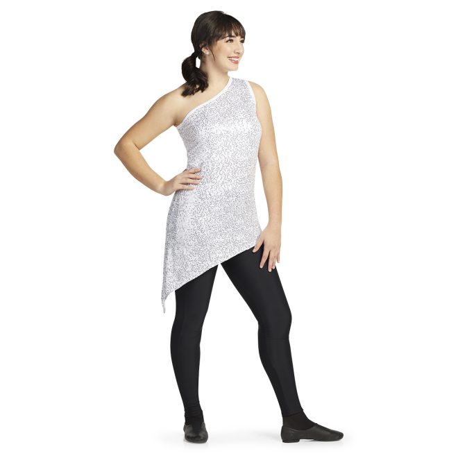 silver one shoulder asymmetric color guard tunic over black leggings front view on model