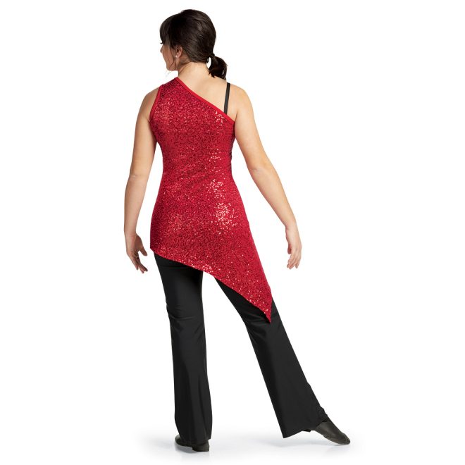 red one shoulder asymmetric color guard tunic over black leggings back view on model shown with shoulder strap