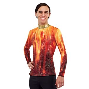 styleplus genesis fire color guard tunic. black and red sparkly bottom that goes into lighter flames at the top in yellow and orange front view on male model