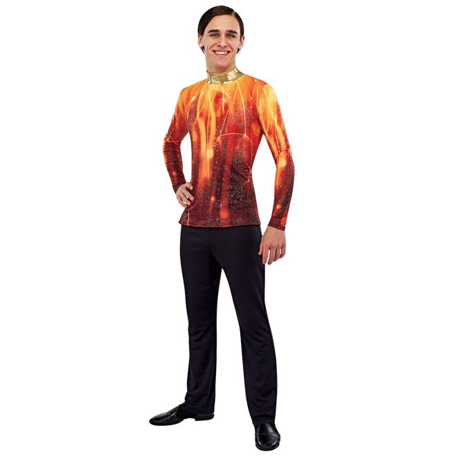 styleplus genesis fire color guard tunic. black and red sparkly bottom that goes into lighter flames at the top in yellow and orange front view on male model