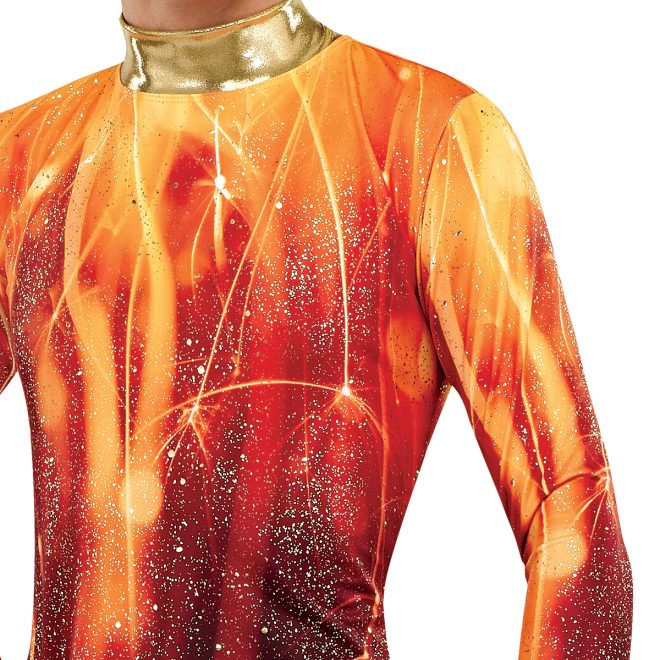 styleplus genesis fire color guard tunic. black and red sparkly bottom that goes into lighter flames at the top in yellow and orange front view on male model