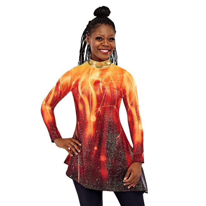 styleplus genesis fire color guard tunic. black and red sparkly bottom that goes into lighter flames at the top in yellow and orange front view on model