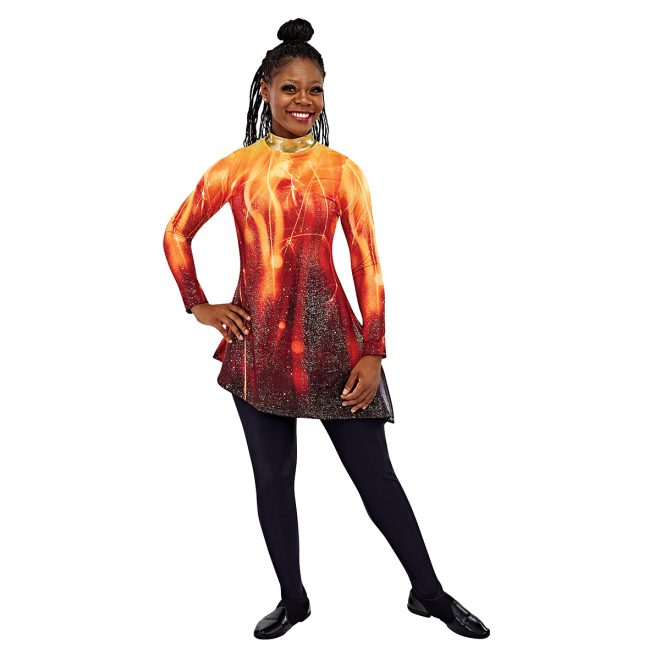 styleplus genesis fire color guard tunic. black and red sparkly bottom that goes into lighter flames at the top in yellow and orange front view on model shown over black leggings