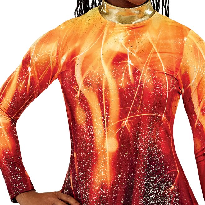 styleplus genesis fire color guard tunic. black and red sparkly bottom that goes into lighter flames at the top in yellow and orange front view on model
