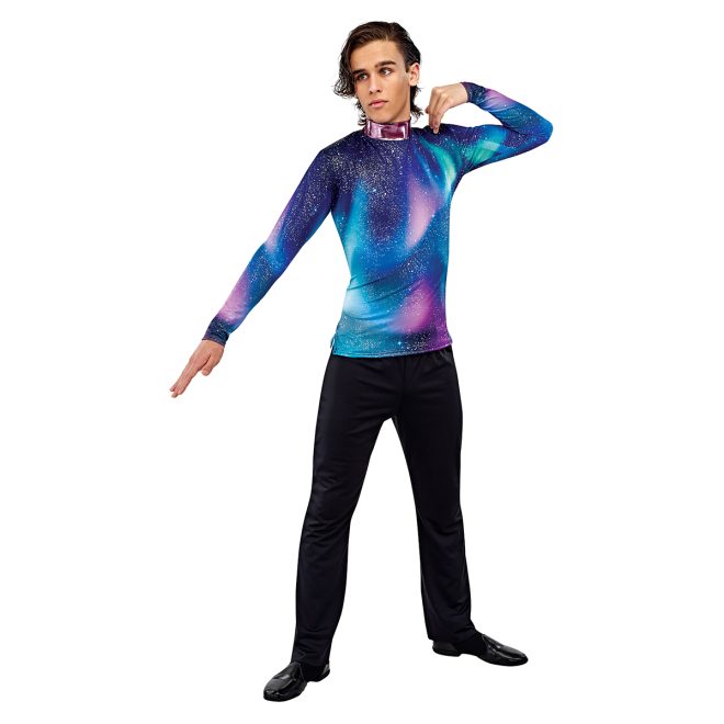 styleplus genesis cosmic color guard tunic with blue pink and black galaxy front view on male model over black pants