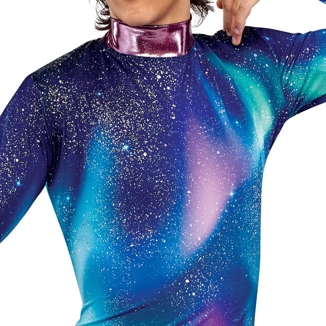 styleplus genesis cosmic color guard tunic with blue pink and black galaxy front view on male model
