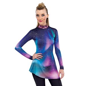 styleplus genesis cosmic color guard tunic with blue pink and black galaxy front view on model
