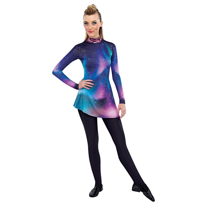 styleplus genesis cosmic color guard tunic with blue pink and black galaxy front view on model over black leggings
