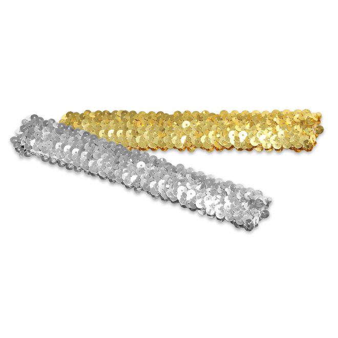 a pair of stretch sequin headbands in metallic gold and metallic silver