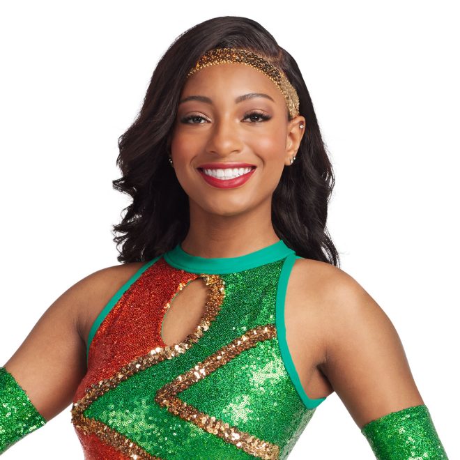 beautiful african american model wearing a 1 inch stretch sequin headband and a custom majorette uniform