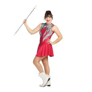 custom red and silver sparkly sleeveless majorette uniform front view on performer holding baton