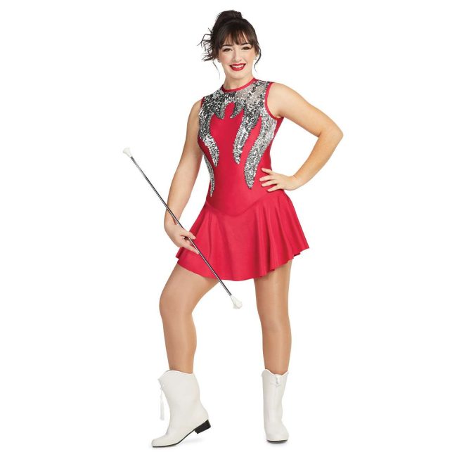 custom red and silver sparkly sleeveless majorette uniform front view on performer holding baton