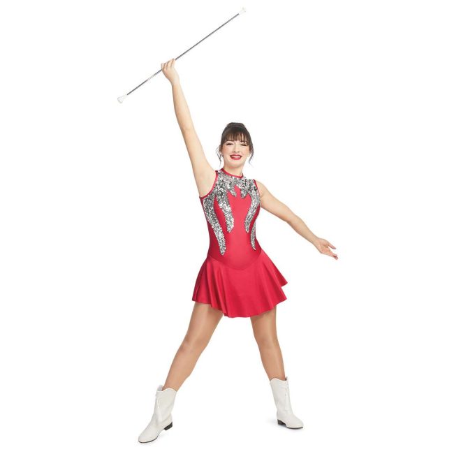 custom red and silver sparkly sleeveless majorette uniform front view on performer holding baton