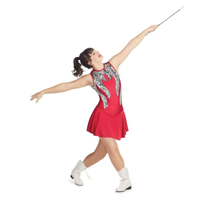 custom red and silver sparkly sleeveless majorette uniform front view on performer holding baton
