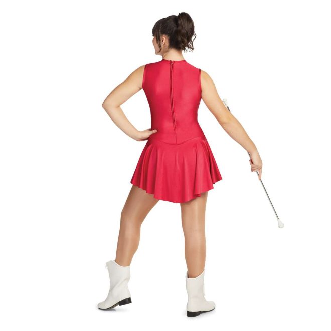 custom red sleeveless majorette uniform back view on performer holding baton
