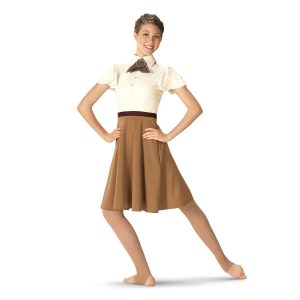 custom short sleeve cream collared body and brown skirt color guard dress front view on model with brown scarf around neck fastened with round rhinestone buckle