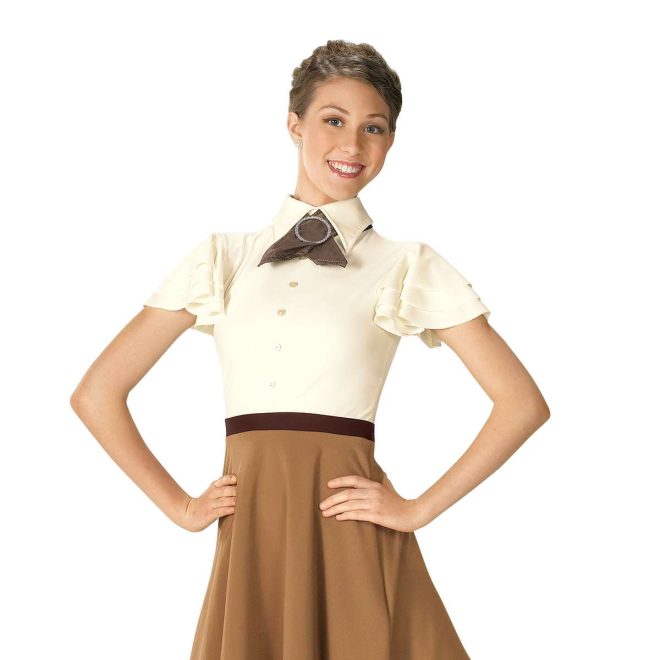 custom short sleeve cream collared body and brown skirt color guard dress front view on model with brown scarf around neck fastened with round rhinestone buckle