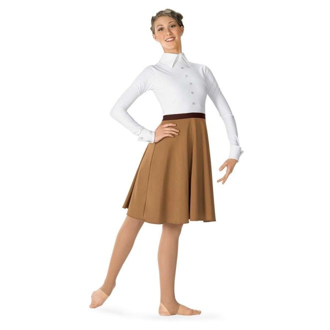 custom white long sleeve body with collar and brown knee length skirt color guard dress front view on model
