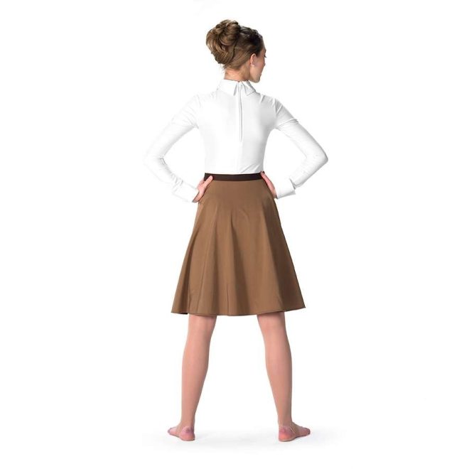 custom white long sleeve body with collar and brown knee length skirt color guard dress back view on model