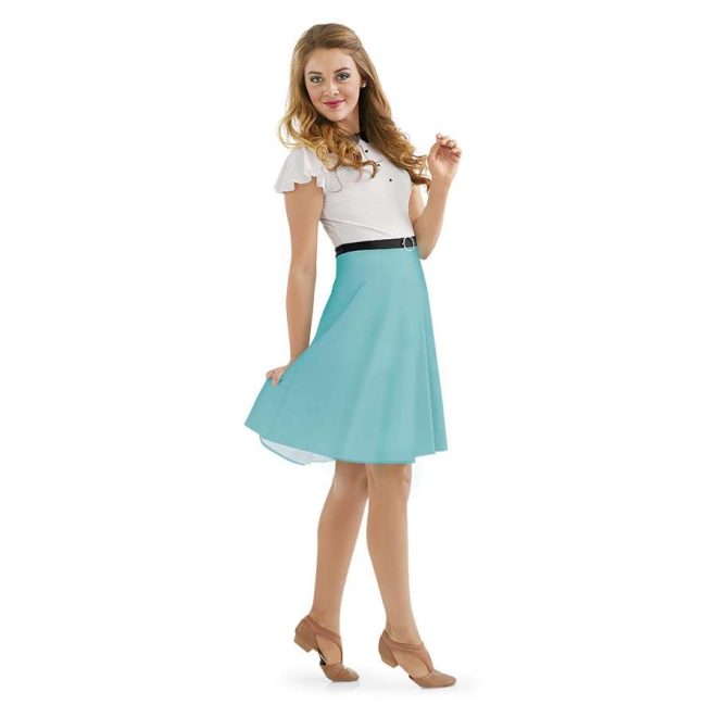 custom white body and teal skirt with black collar and belt color guard dress front view on model