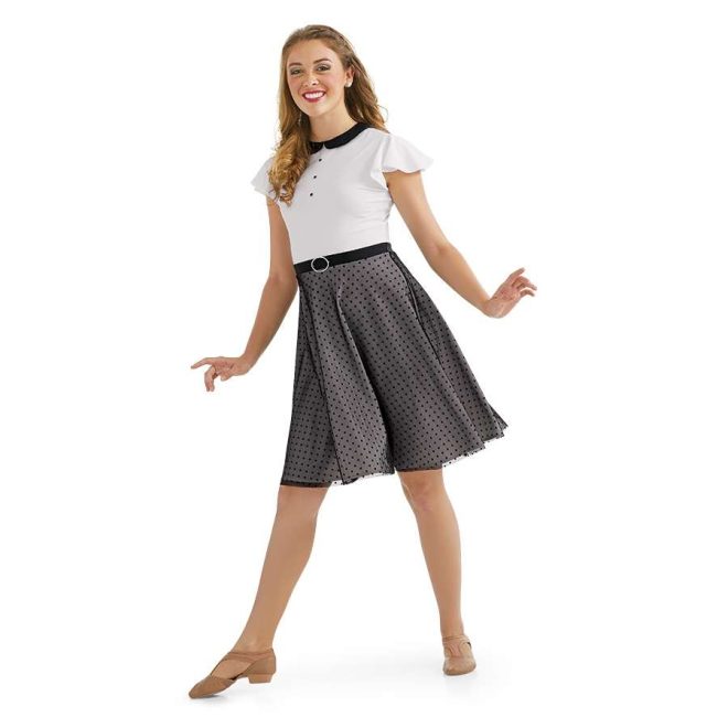 custom white body and black polka dot skirt with short sleeves and black collar and belt color guard dress front view on model