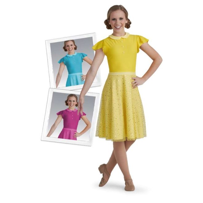 3 color options of custom short sleeve collared knee length color guard dress front view on model. Options are yellow, blue, and pink