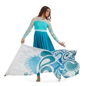 custom aqua and teal long sleeve belted color guard dress with teal leggings and silver headband front view on model holding white and teal paisley flag