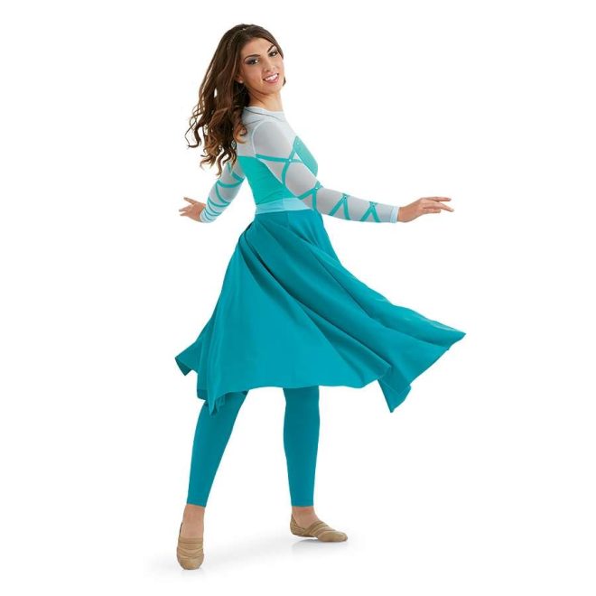 custom aqua and teal long sleeve belted color guard dress with teal leggings and silver headband side view on model