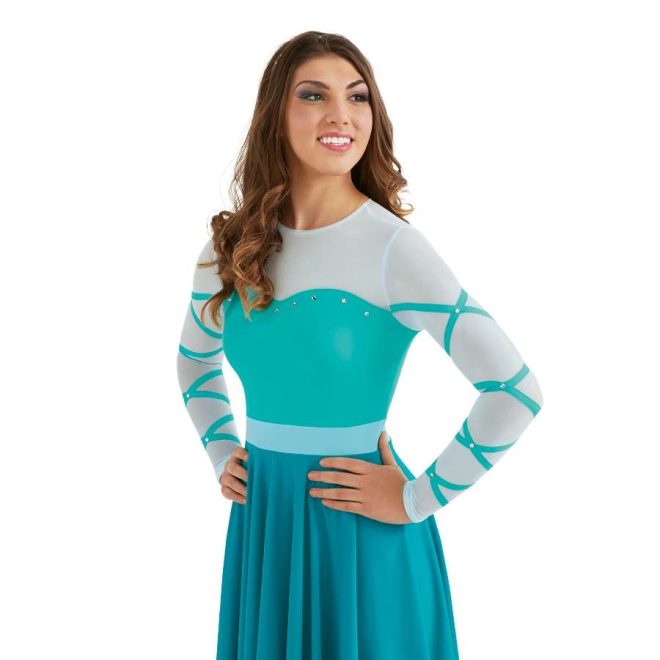 custom aqua and teal long sleeve belted color guard dress with teal leggings and silver headband front view on model