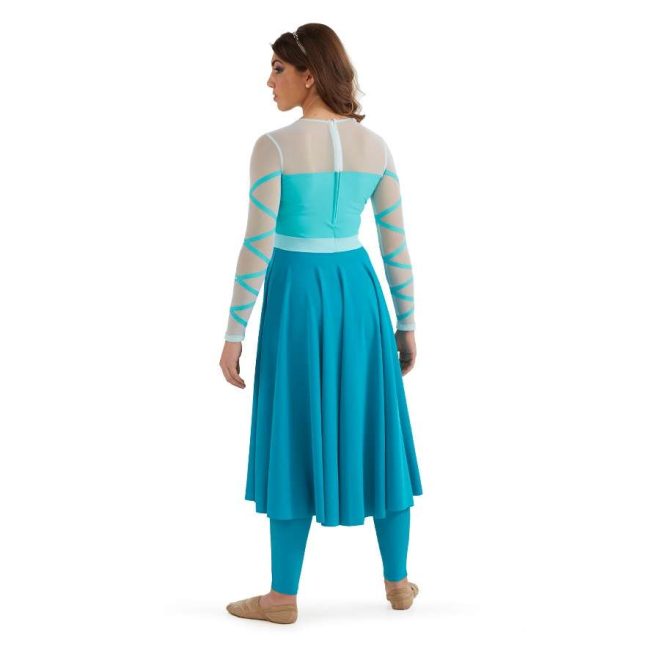 custom aqua and teal long sleeve belted color guard dress with teal leggings and silver headband back view on model