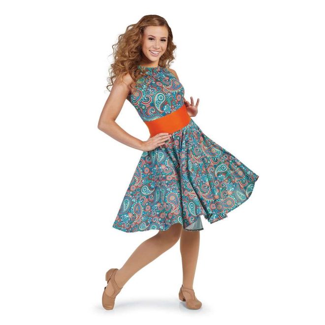 custom orange and blues paisley print color guard dress with orange belt front view on model