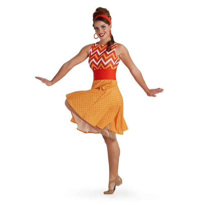 custom sleeveless oranges color guard knee length dress with chevron top solid orange belt and polka dot skirt front view on model with orange headband and earrings