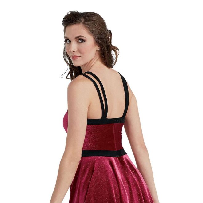 custom red velvet color guard uniform dress with black double strap and belt back view on model