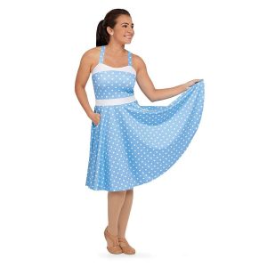 custom light blue with white polka dots color guard sleeveless dress with white belt front view on model