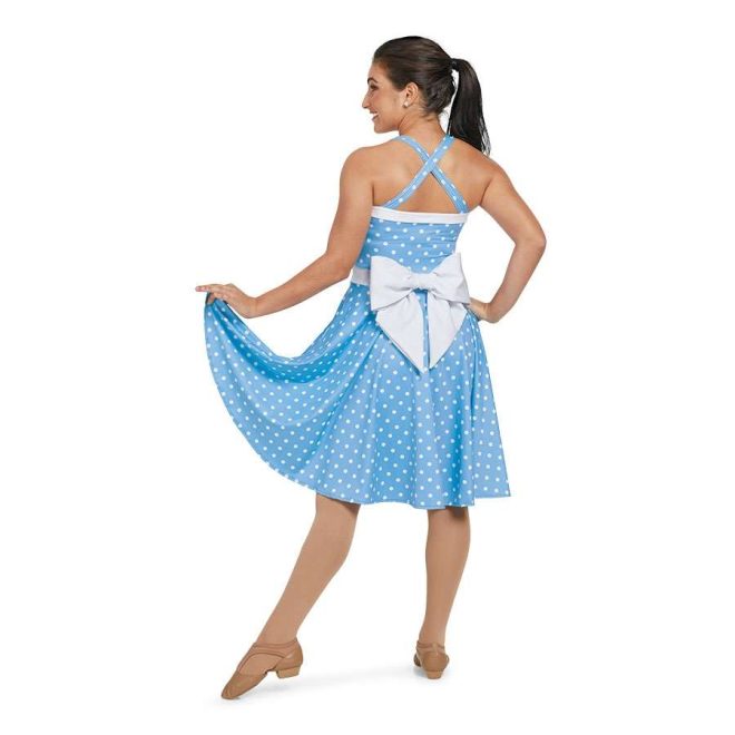custom light blue with white polka dots color guard dress with crossing back straps and white bow belt back view on model