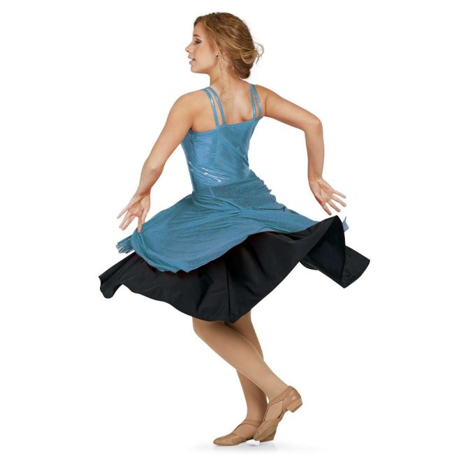 custom turquoise sleeveless color guard uniform dress back view on model with quick change black dress underneath