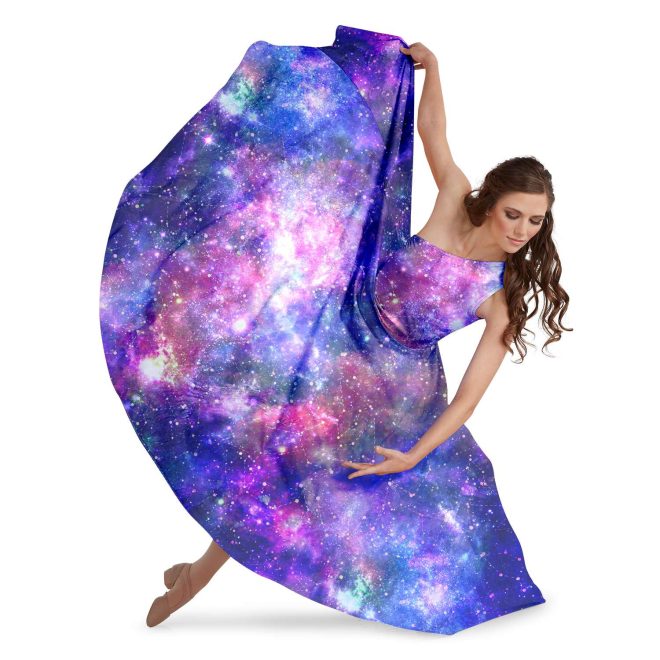 custom one shoulder digitally printed purple galaxy floor length color guard dress front view on model