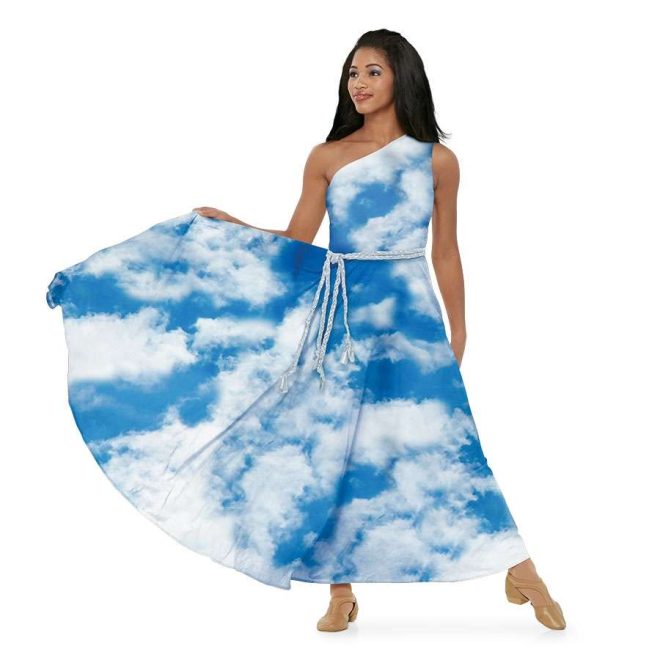 custom one shoulder digitally printed blue sky and white clouds floor length color guard dress front view on model with silver tie on belt
