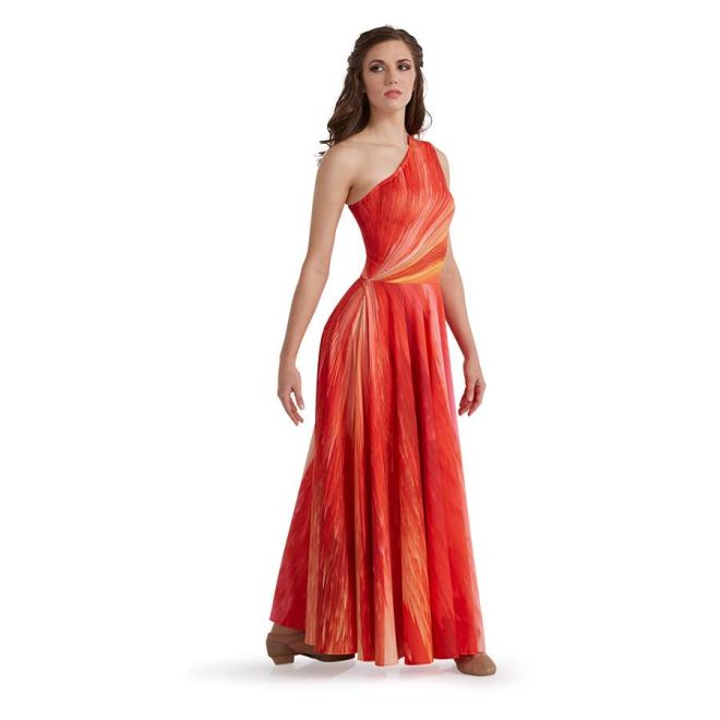 custom one shoulder digitally printed oranges floor length color guard dress front view on model