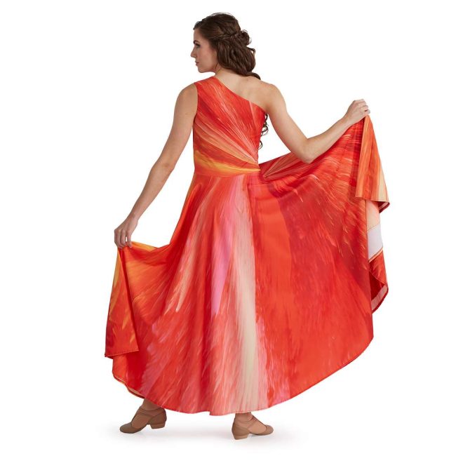 custom one shoulder digitally printed oranges floor length color guard dress back view on model