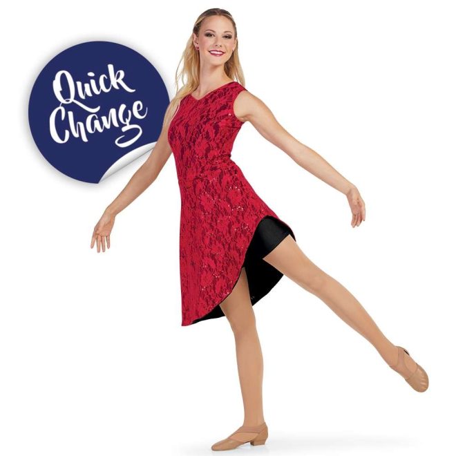 custom red sequin lace v neck sleeveless color guard dress with quick change option to black shorts romper front view on model