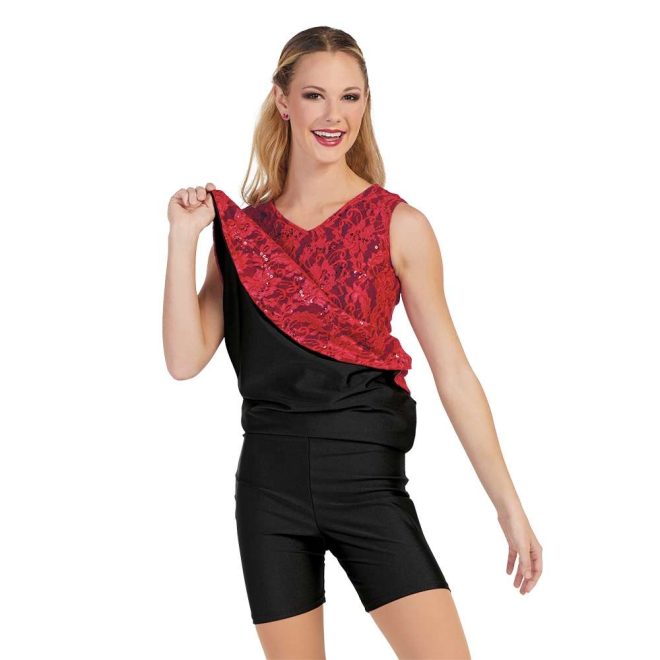 custom red sequin lace v neck sleeveless color guard dress with quick change option to black shorts romper front view on model