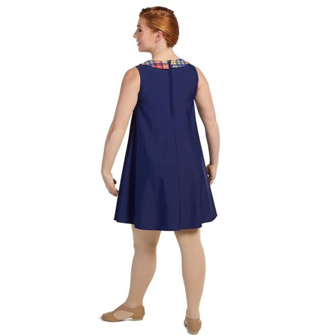 custom navy dress with printed checkered orange, green, yellow and blue peter pan collar color guard uniform back view on model