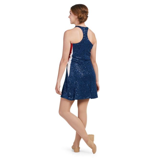 custom racerback blue sparkly, white and red color guard midthigh dress uniform back view on model