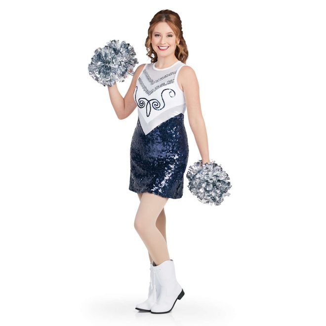 custom white, silver sequin, and navy sparkly sleeveless a-line majorette dress with attached boyshorts front view on model holding silver poms wearing white boots