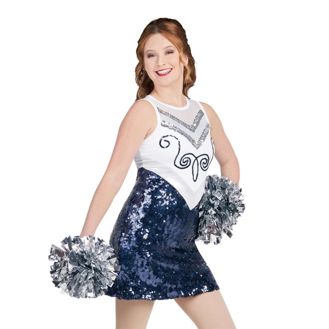 custom white, silver sequin, and navy sparkly sleeveless a-line majorette dress with attached boyshorts front view on model holding silver poms