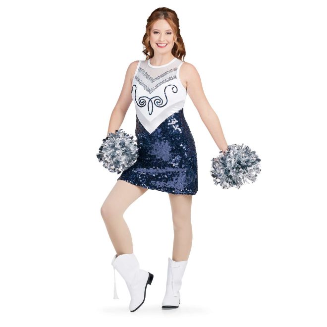 custom white, silver sequin, and navy sparkly sleeveless a-line majorette dress with attached boyshorts front view on model holding silver poms wearing white boots