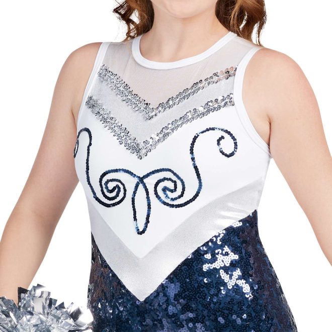 custom white, silver sequin, and navy sparkly sleeveless a-line majorette dress with attached boyshorts front view on model holding silver poms