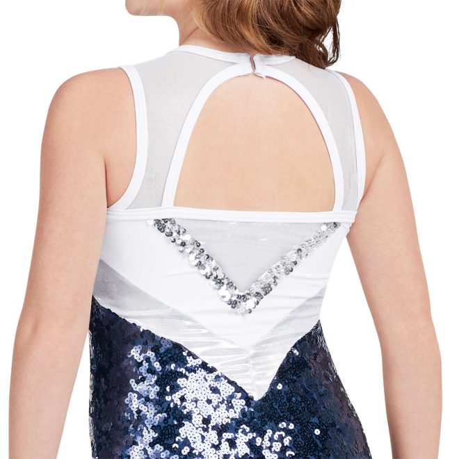 custom white, silver sequin, and navy sparkly sleeveless a-line majorette dress with attached boyshorts with keyhole back, back view on model