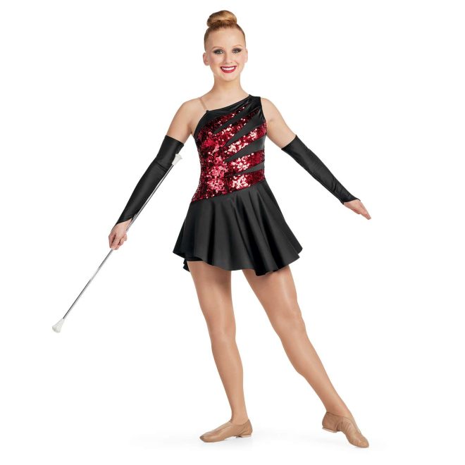 custom black and sparkly red one shoulder dress majorette uniform with black fingerloop gauntlets front view on model holding baton. With second clear strap